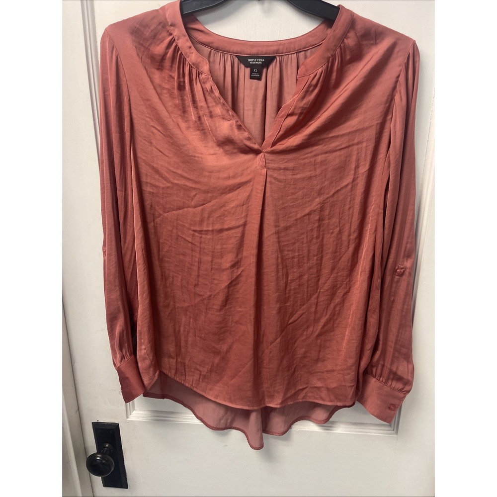 Simply Vera Vera Wang Satin Blouse Size XL Rust Orange Split V-Neck Boho-Chic